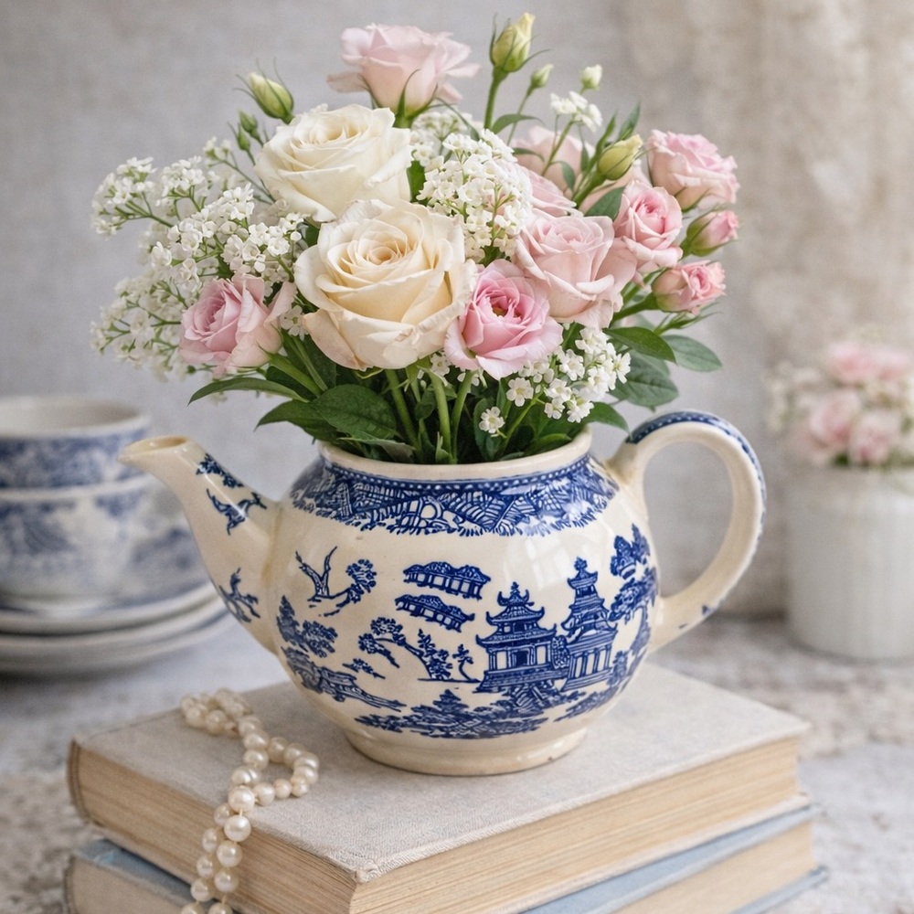 Johnson Bros Blue Willow Teapot England Vintage Display Cottage Decor